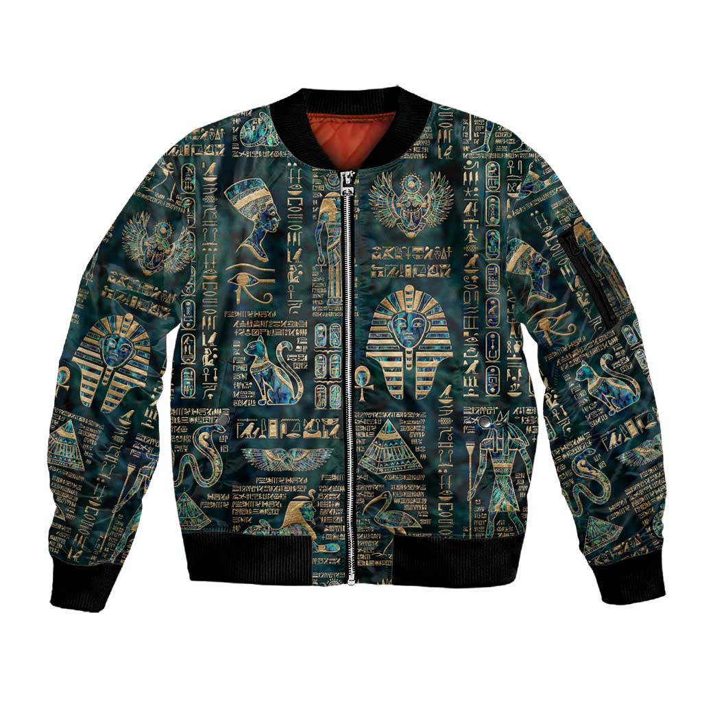 Egyptian Hieroglyphs And Deities Sleeve Zip Bomber Jacket