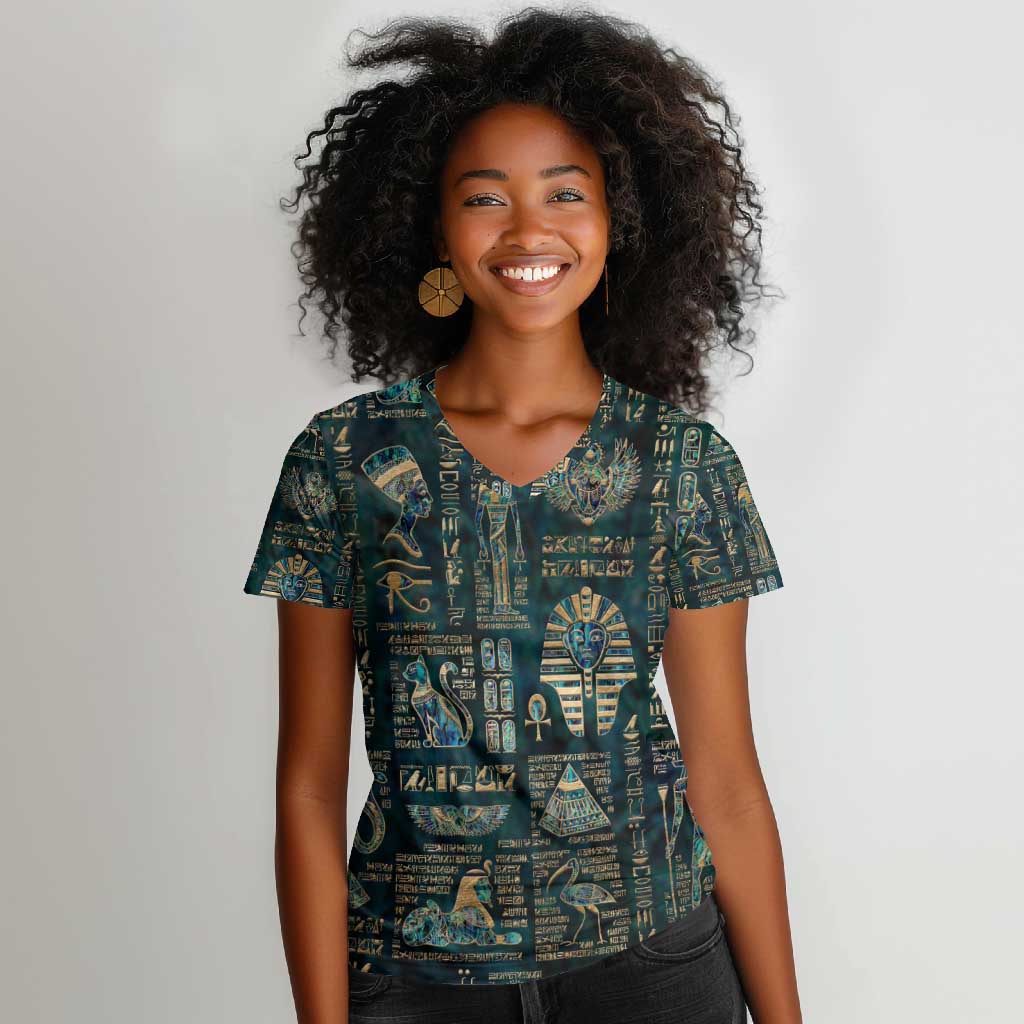 Egyptian Hieroglyphs And Deities Women V-Neck T-Shirt