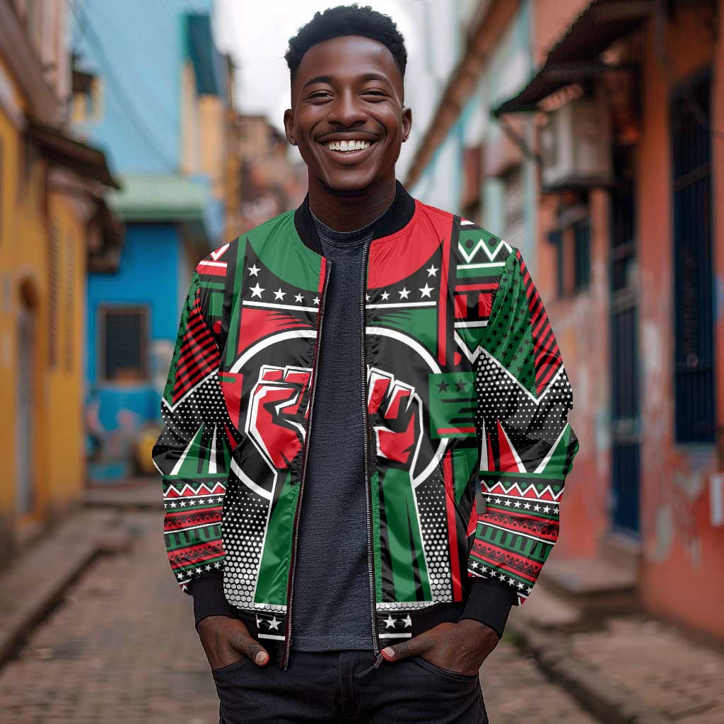 Power Fist And Patterns In Pan African Bomber Jacket