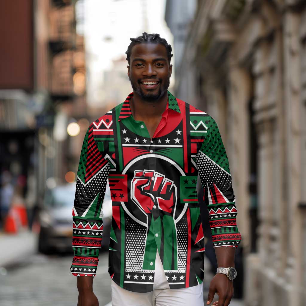 Power Fist And Patterns In Pan African Long Sleeve Button Shirt