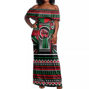 Power Fist And Patterns In Pan African Off Shoulder Maxi Dress