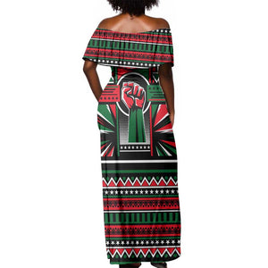 Power Fist And Patterns In Pan African Off Shoulder Maxi Dress