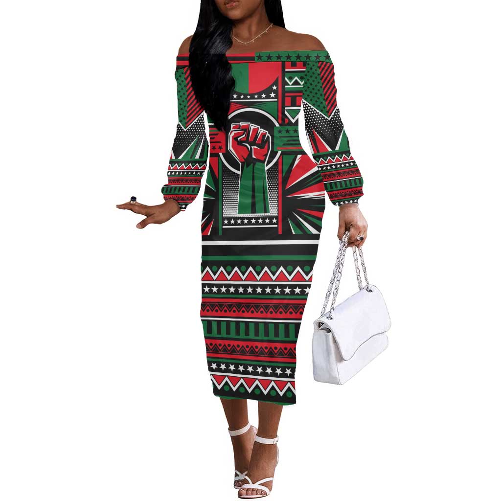 Power Fist And Patterns In Pan African Off The Shoulder Long Sleeve Dress