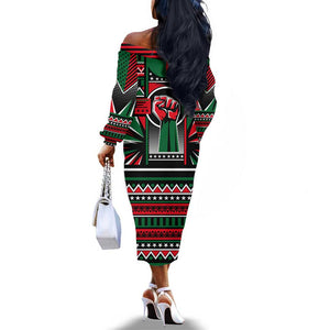 Power Fist And Patterns In Pan African Off The Shoulder Long Sleeve Dress