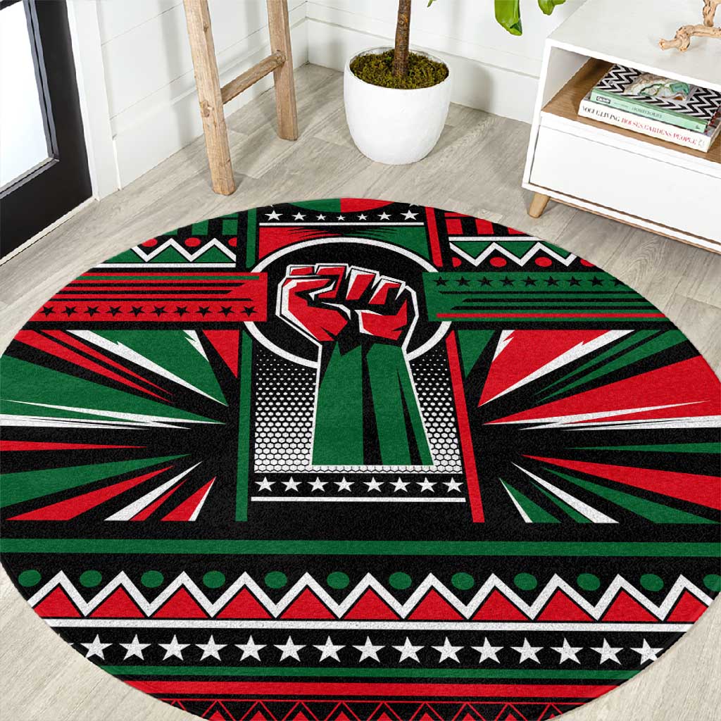 Power Fist And Patterns In Pan African Round Carpet