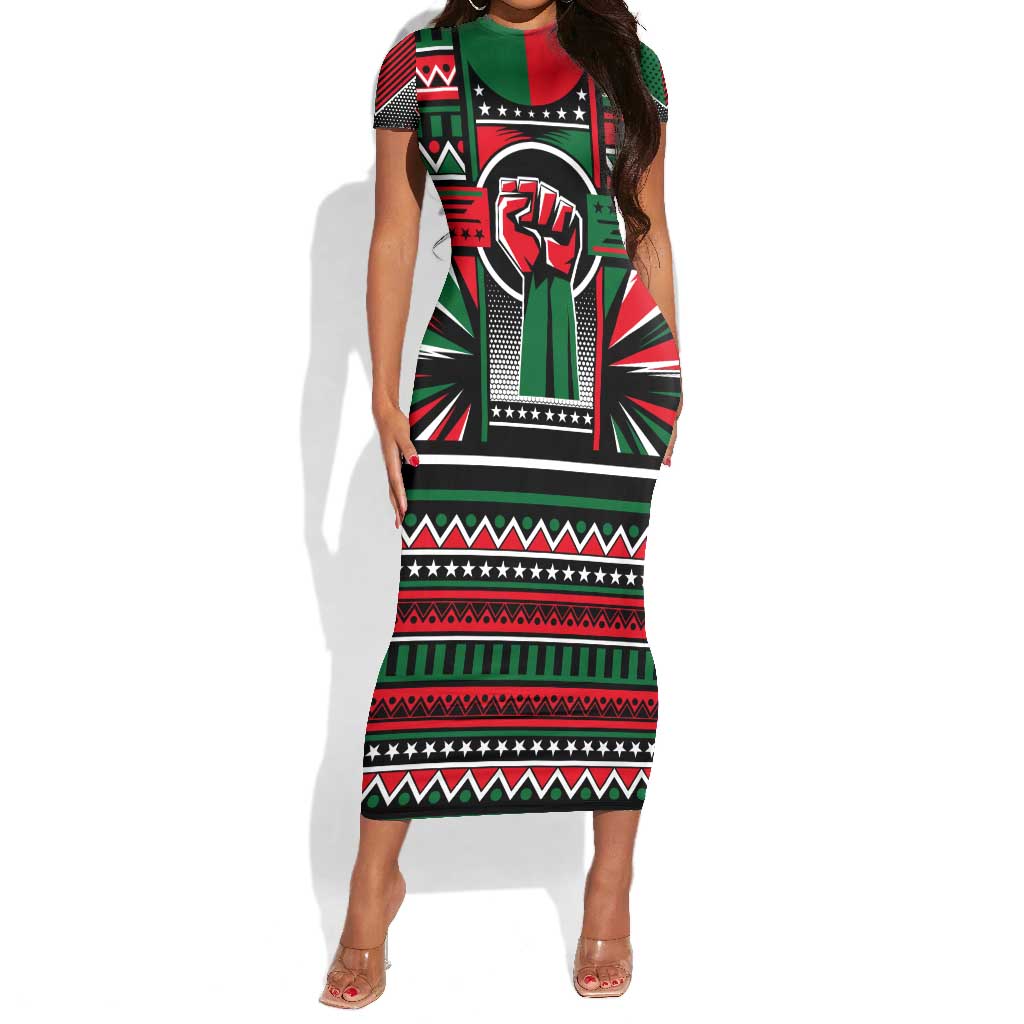 Power Fist And Patterns In Pan African Short Sleeve Bodycon Dress