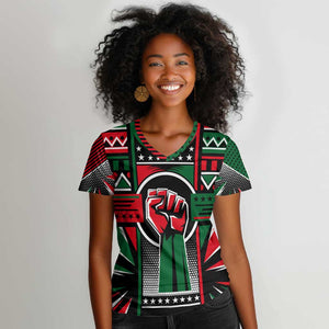 Power Fist And Patterns In Pan African Women V-Neck T-Shirt