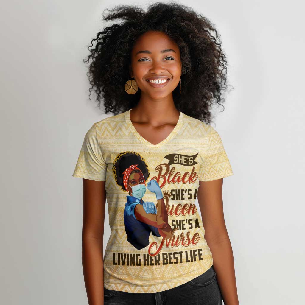 Afro Nurses Women V-Neck T-Shirt Black Queen African