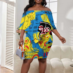 African Art Viva Underground Psychedelic Vintage Style Off Shoulder Short Dress