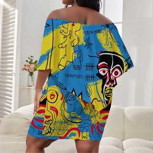 African Art Viva Underground Psychedelic Vintage Style Off Shoulder Short Dress