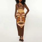African Women Long Sleeve Bodycon Dress Tribal Ethnic Mask DT02