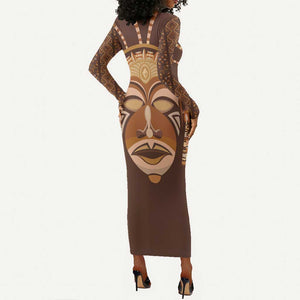 African Women Long Sleeve Bodycon Dress Tribal Ethnic Mask