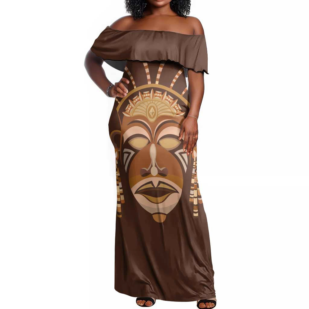 African Women Off Shoulder Maxi Dress Tribal Ethnic Mask