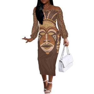 African Women Off The Shoulder Long Sleeve Dress Tribal Ethnic Mask