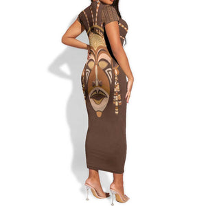 African Women Short Sleeve Bodycon Dress Tribal Ethnic Mask