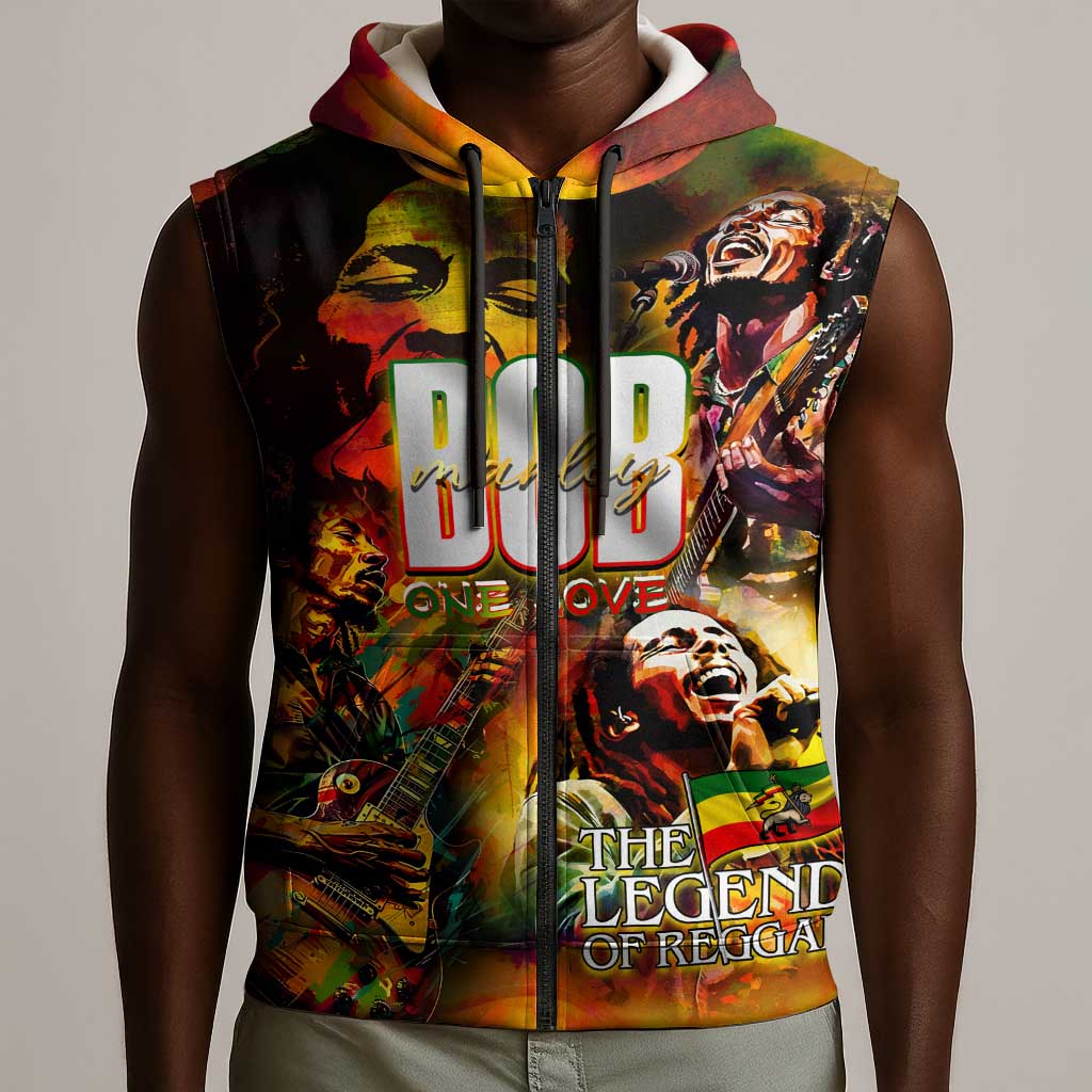 The Legend of Reggae One Love Sleeveless Zip Hoodie Bob Colorful Art - African Pride
