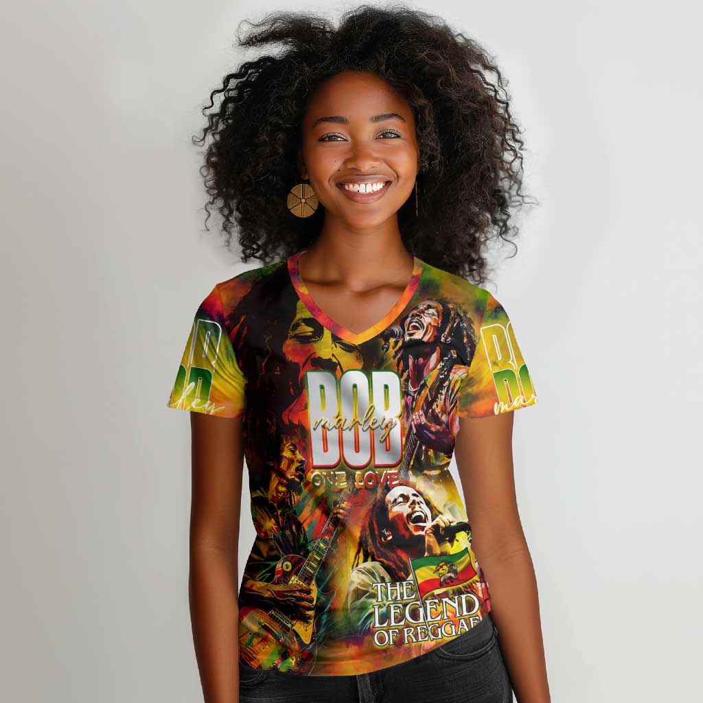 The Legend of Reggae One Love Women V-Neck T-Shirt Bob Colorful Art