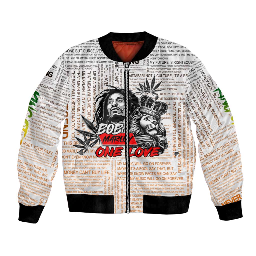 Afro King of Reggae Legend Bob Bomber Jacket Rastafari Lion Cannabis Typography Style