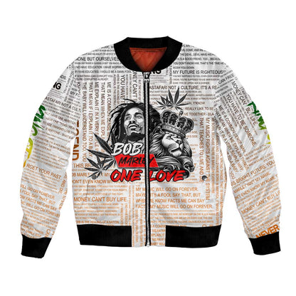 Afro King of Reggae Legend Bob Bomber Jacket Rastafari Lion Cannabis Typography Style