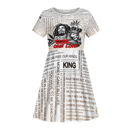 Afro King of Reggae Legend Bob Kid Short Sleeve Dress Rastafari Lion Cannabis Typography Style