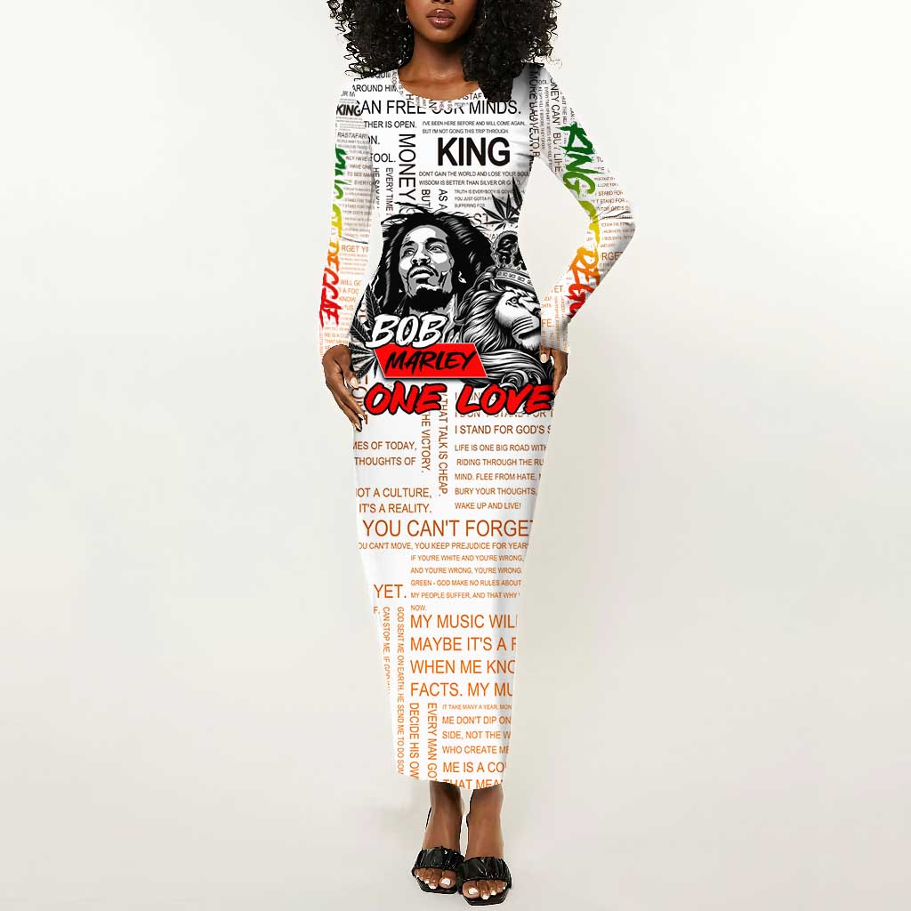 Afro King of Reggae Legend Bob Long Sleeve Bodycon Dress Rastafari Lion Cannabis Typography Style DT02