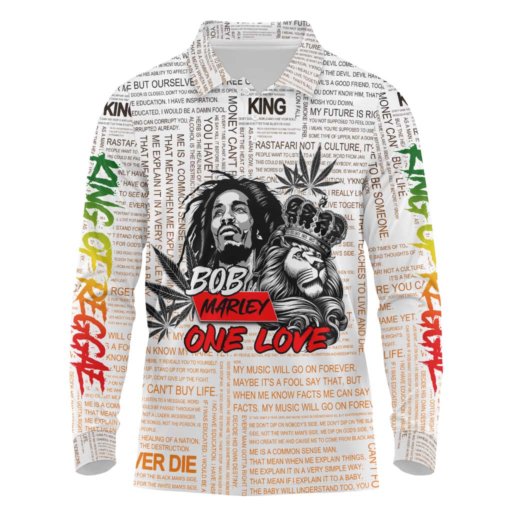 Afro King of Reggae Legend Bob Long Sleeve Polo Shirt Rastafari Lion Cannabis Typography Style
