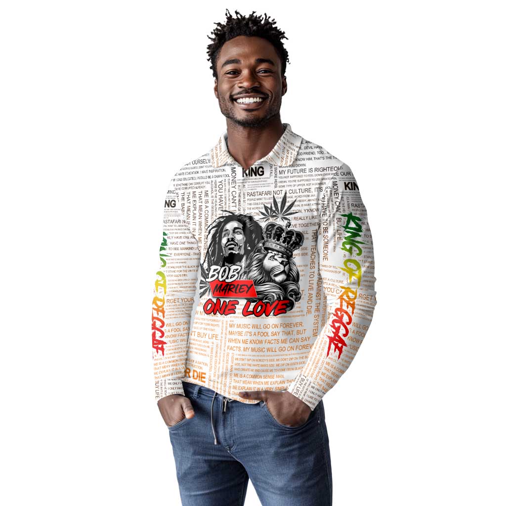 Afro King of Reggae Legend Bob Long Sleeve Polo Shirt Rastafari Lion Cannabis Typography Style