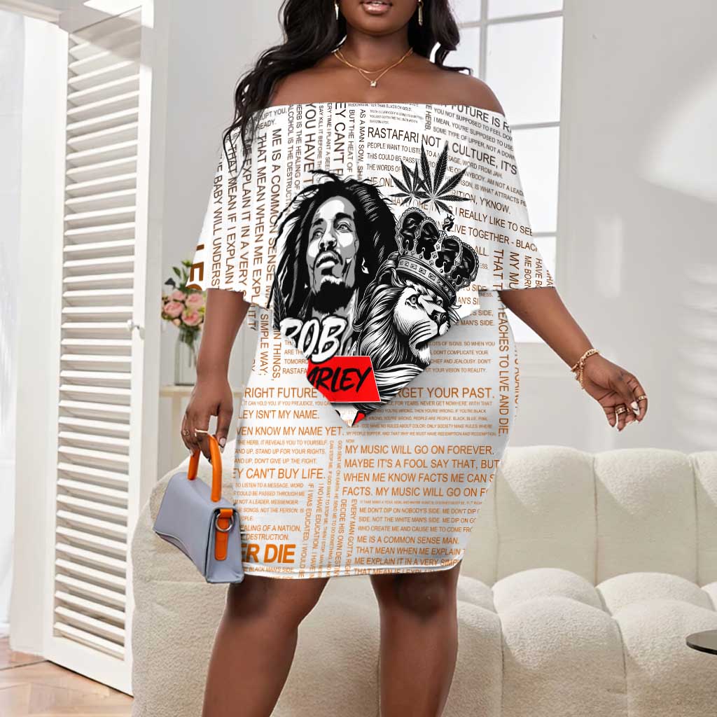 Afro King of Reggae Legend Bob Off Shoulder Short Dress Rastafari Lion Cannabis Typography Style