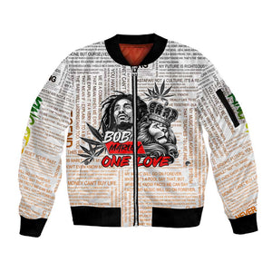Afro King of Reggae Legend Bob Sleeve Zip Bomber Jacket Rastafari Lion Cannabis Typography Style