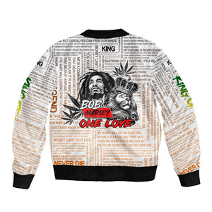 Afro King of Reggae Legend Bob Sleeve Zip Bomber Jacket Rastafari Lion Cannabis Typography Style