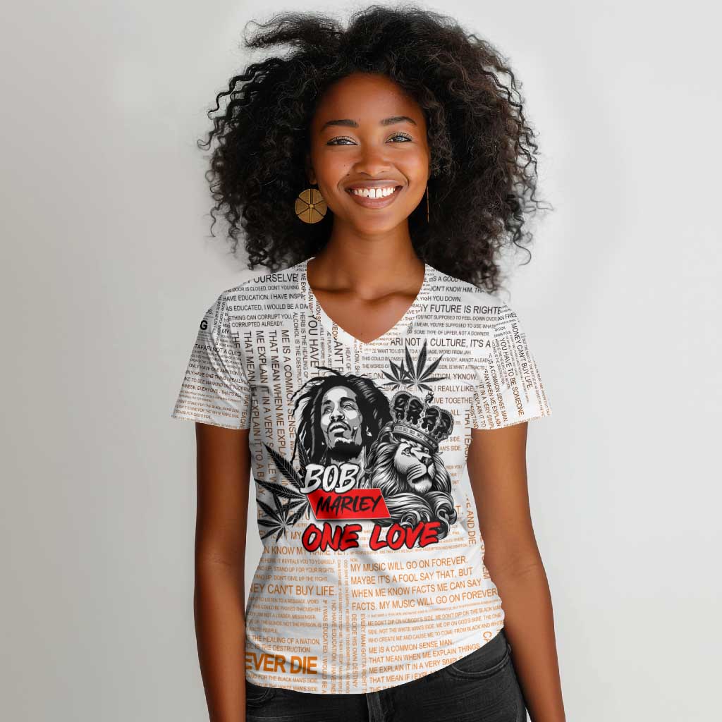 Afro King of Reggae Legend Bob Women V-Neck T-Shirt Rastafari Lion Cannabis Typography Style