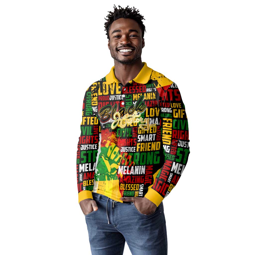 Black History Month Africa Long Sleeve Polo Shirt Strength Love and Justice Typography
