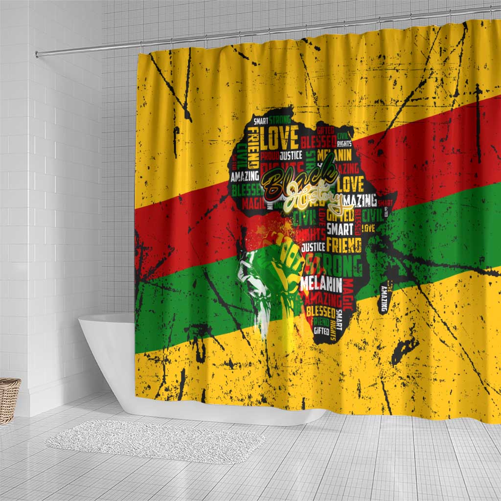 Black History Month Africa Shower Curtain Strength Love and Justice Typography