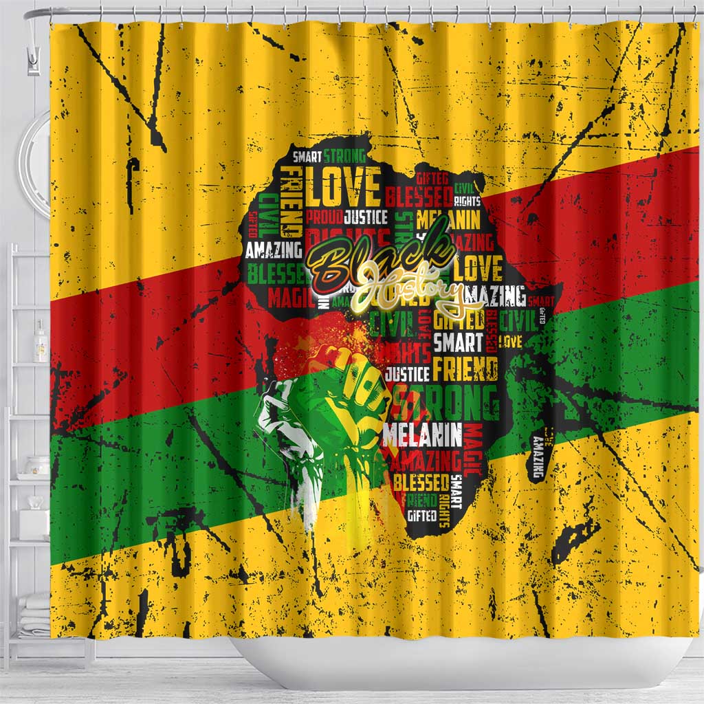 Black History Month Africa Shower Curtain Strength Love and Justice Typography