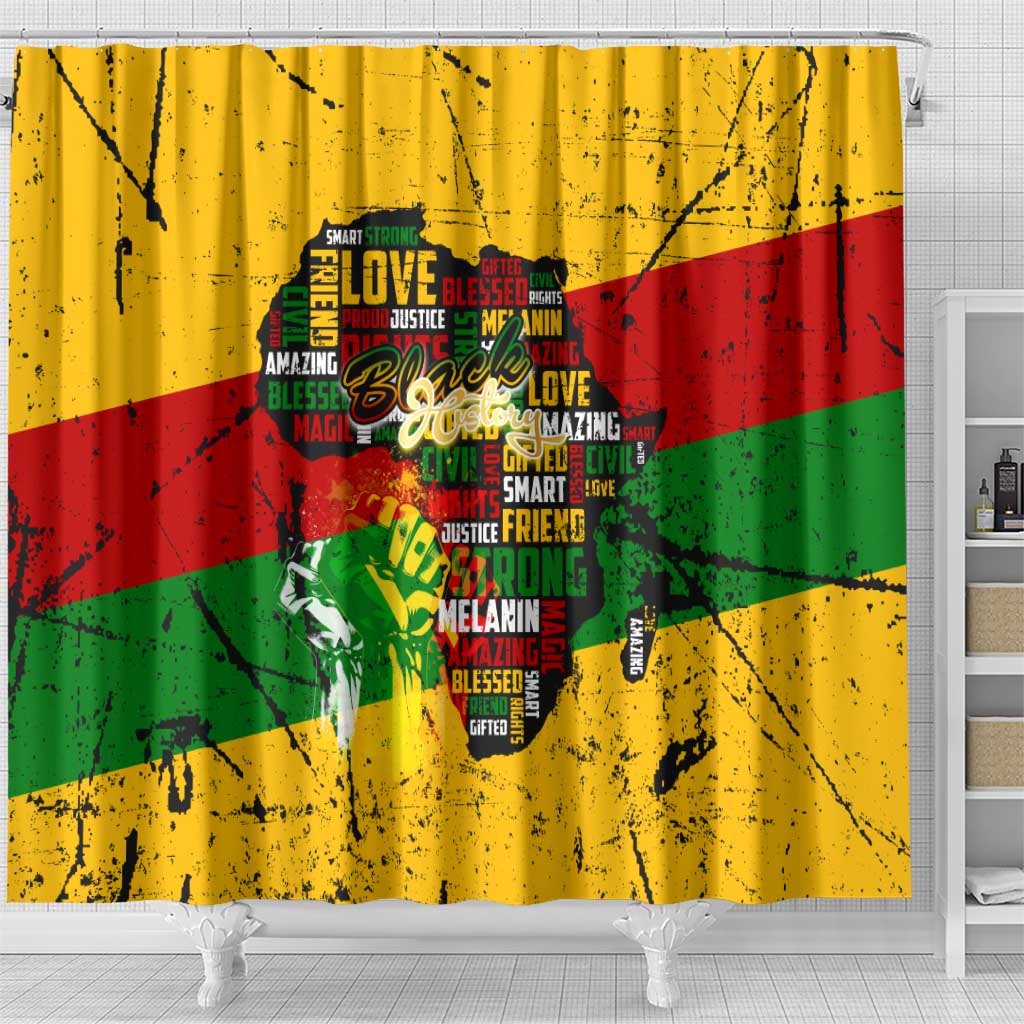 Black History Month Africa Shower Curtain Strength Love and Justice Typography