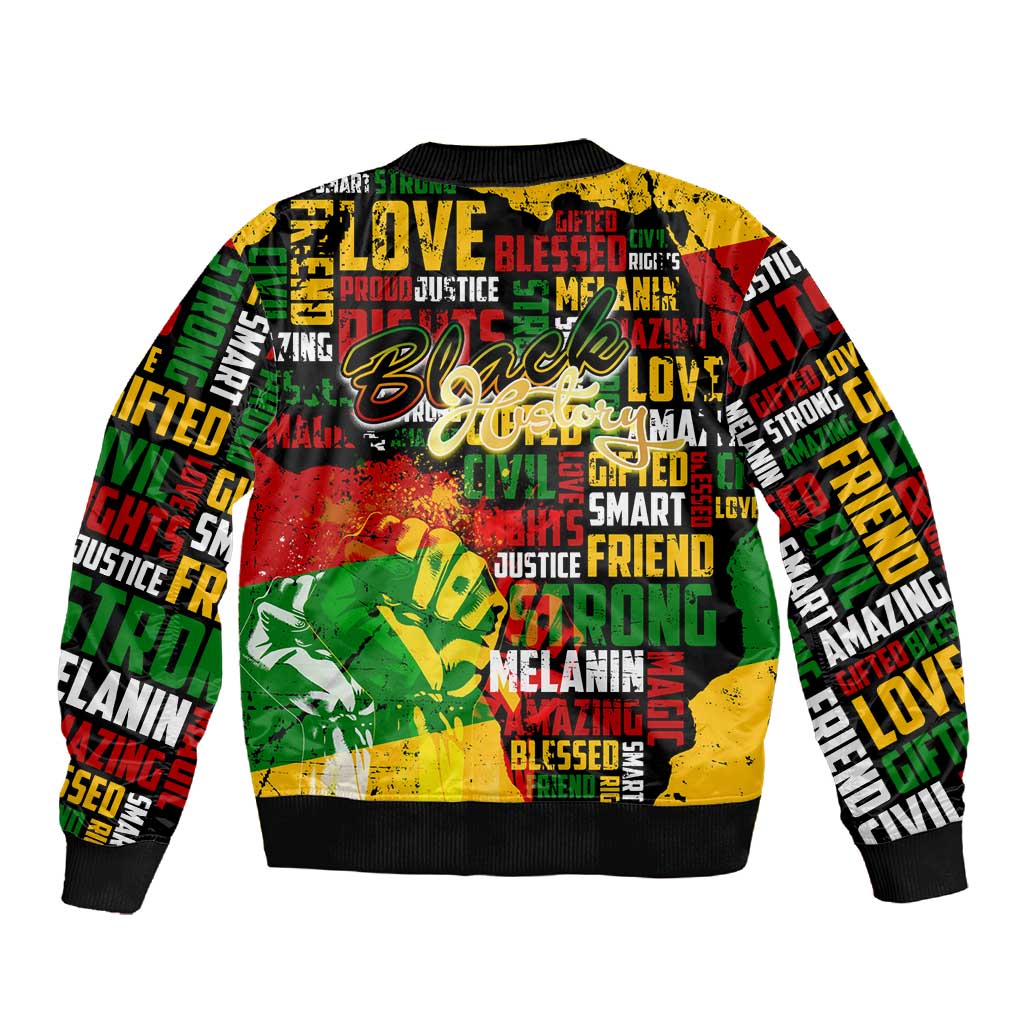Black History Month Africa Sleeve Zip Bomber Jacket Strength Love and Justice Typography