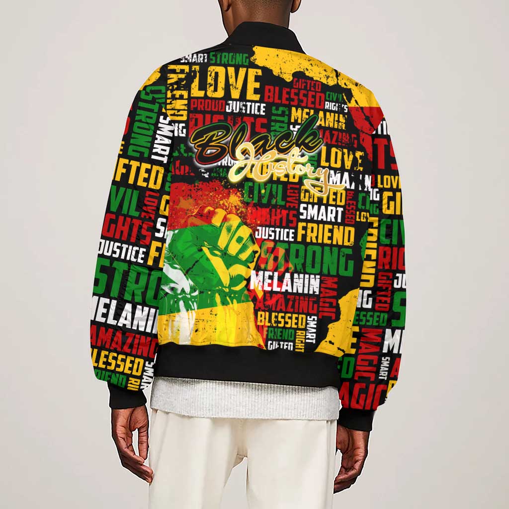 Black History Month Africa Sleeve Zip Bomber Jacket Strength Love and Justice Typography