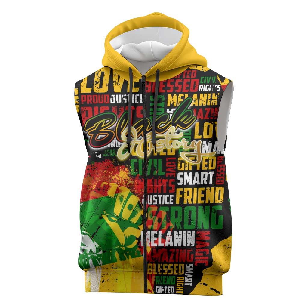 Black History Month Africa Sleeveless Zip Hoodie Strength Love and Justice Typography - African Pride