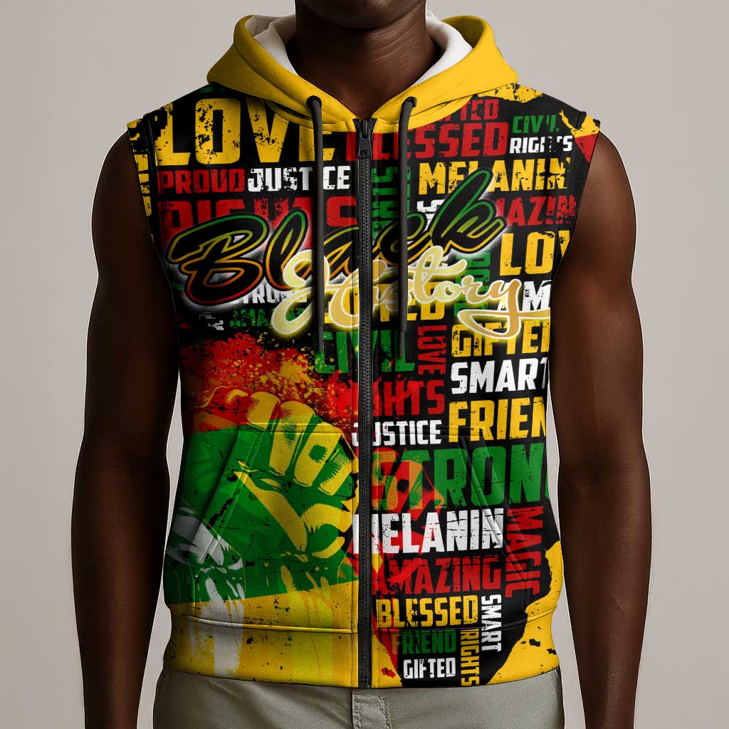 Black History Month Africa Sleeveless Zip Hoodie Strength Love and Justice Typography - African Pride