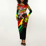 Afro Jamaica Lion Long Sleeve Bodycon Dress Coat Of Arms Rastafarianism DT02