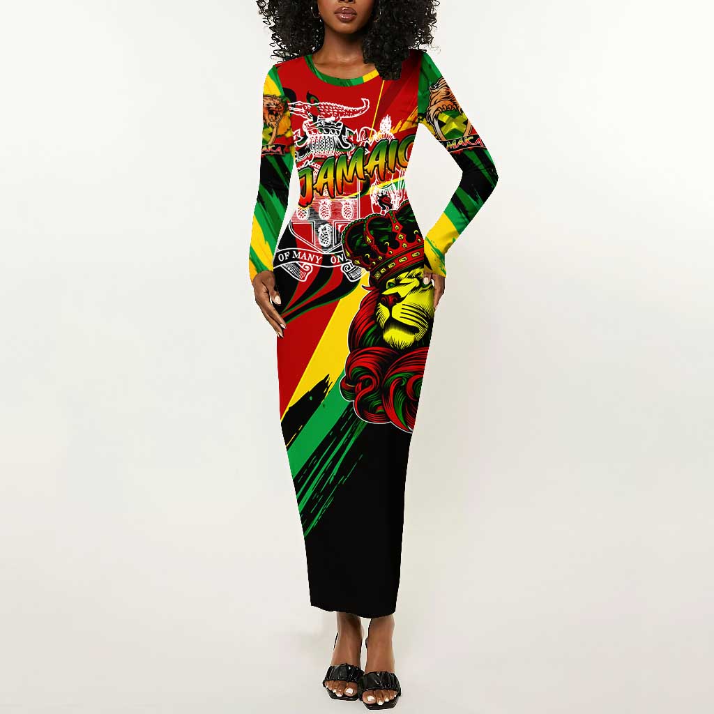 Afro Jamaica Lion Long Sleeve Bodycon Dress Coat Of Arms Rastafarianism DT02
