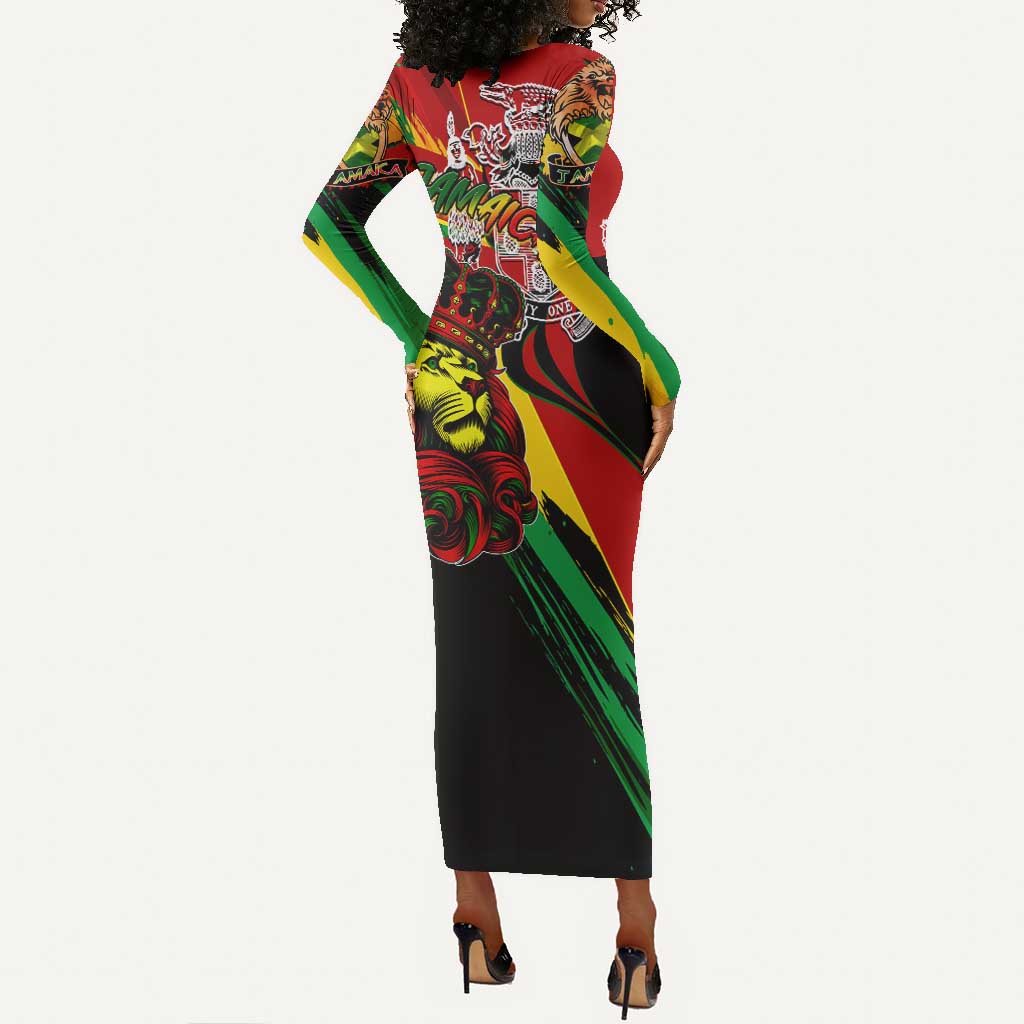 Afro Jamaica Lion Long Sleeve Bodycon Dress Coat Of Arms Rastafarianism DT02