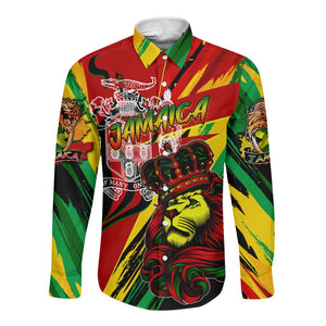 Afro Jamaica Lion Long Sleeve Button Shirt Coat Of Arms Rastafarianism