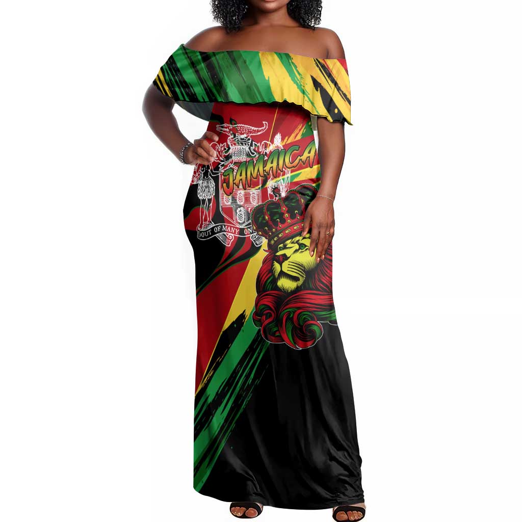 Afro Jamaica Lion Off Shoulder Maxi Dress Coat Of Arms Rastafarianism