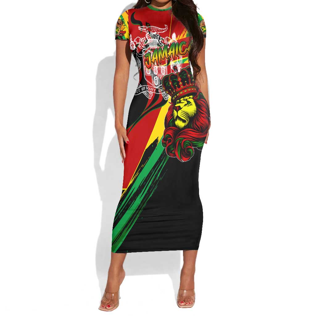 Afro Jamaica Lion Short Sleeve Bodycon Dress Coat Of Arms Rastafarianism DT02