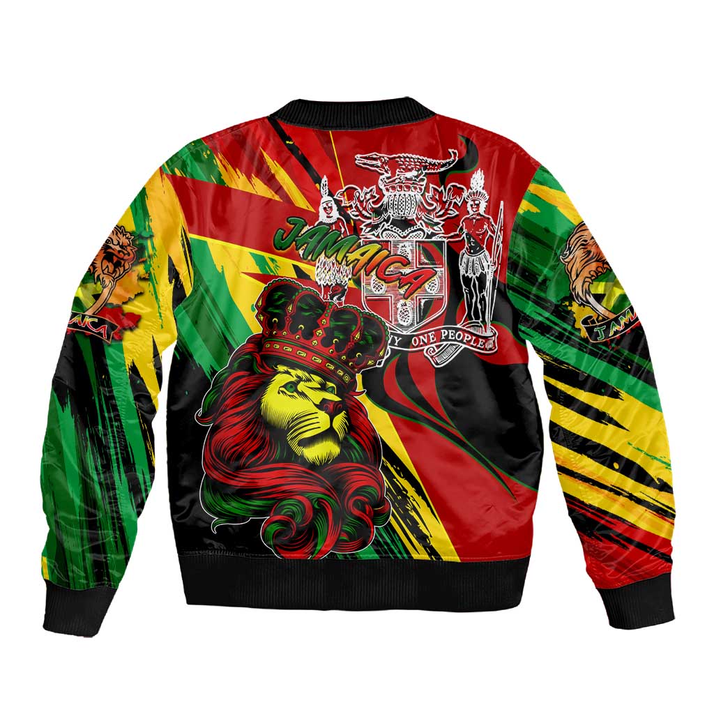Afro Jamaica Lion Sleeve Zip Bomber Jacket Coat Of Arms Rastafarianism