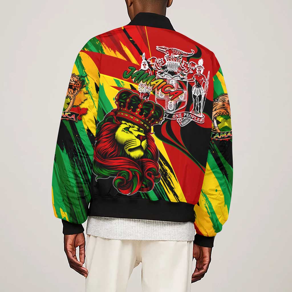Afro Jamaica Lion Sleeve Zip Bomber Jacket Coat Of Arms Rastafarianism