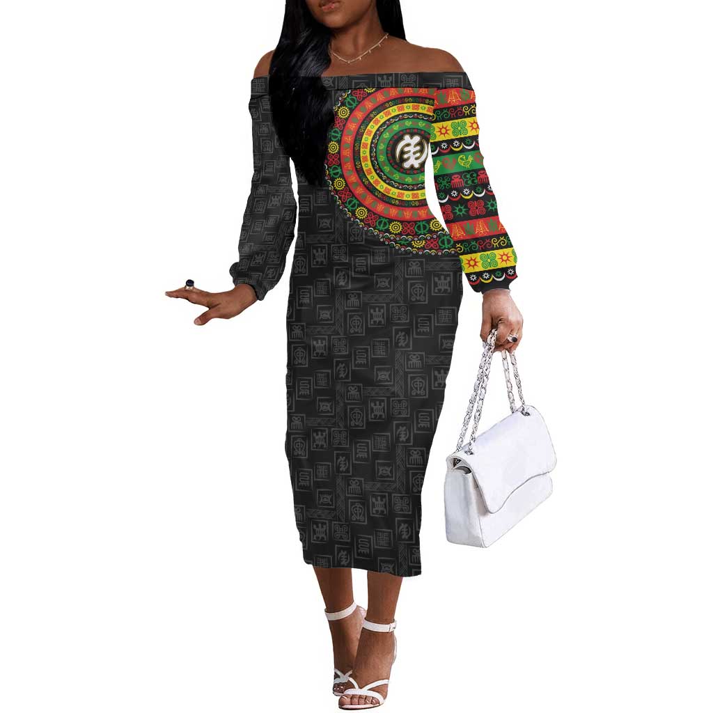 Adinkra Symbols Off The Shoulder Long Sleeve Dress African Culture