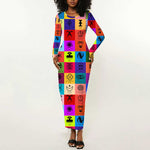 Multi Color Adinkra Symbols Long Sleeve Bodycon Dress African Adrinkra DT02