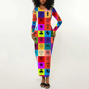 Multi Color Adinkra Symbols Long Sleeve Bodycon Dress African Adrinkra